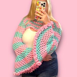 Handmade Cotton Candy / Barbie inspired Mesh Shrug with Long Wide Flower Sleeves